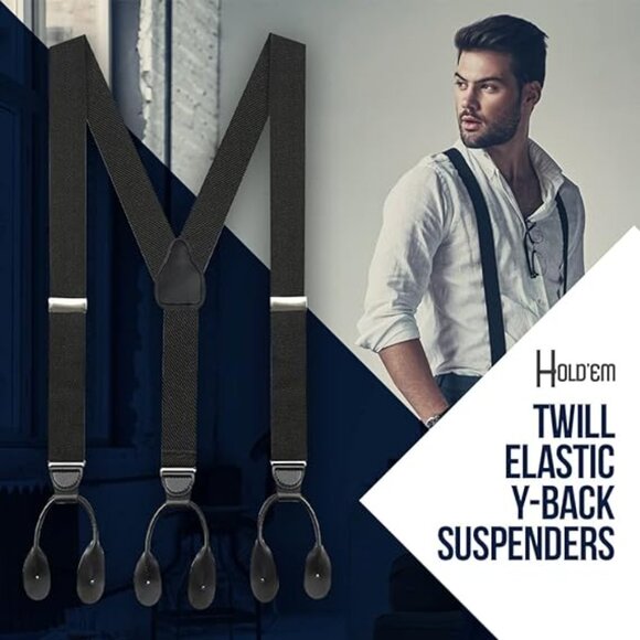 Hold’Em 1 3/8” Twill Elastic Suspenders for Men Leather Trimmed Button - Grey - Picture 6 of 7